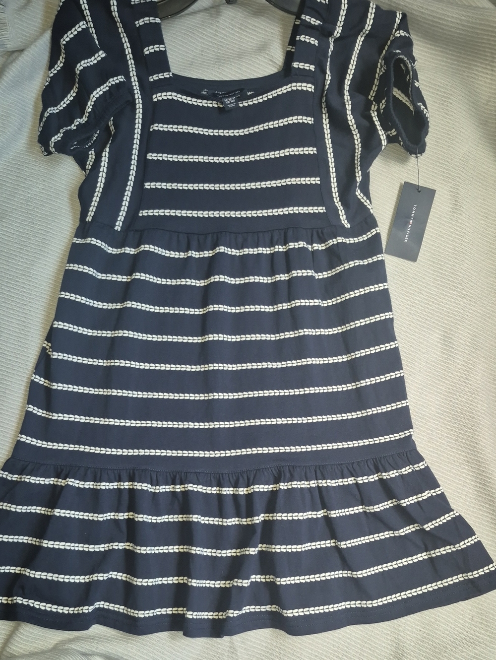Tommy Hilfiger Navy and White Striped Square Neck Kids Dress